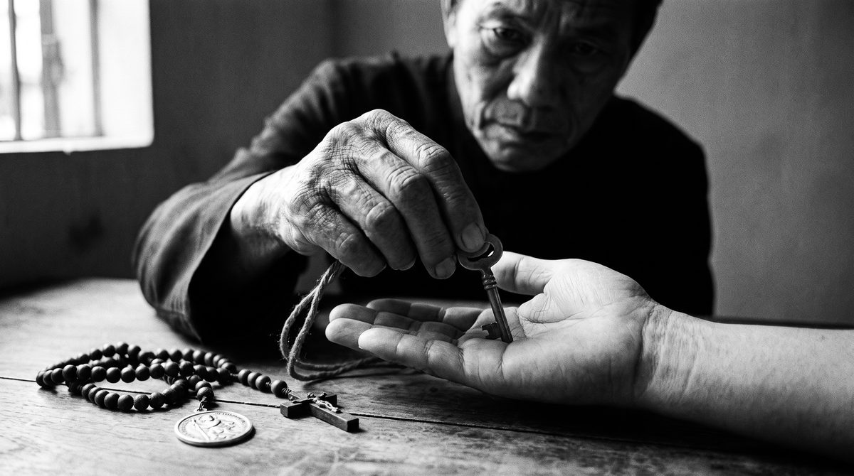 An aged priest lowers a brass key into Minh's open palm; a rosary rests on the wooden table between them.